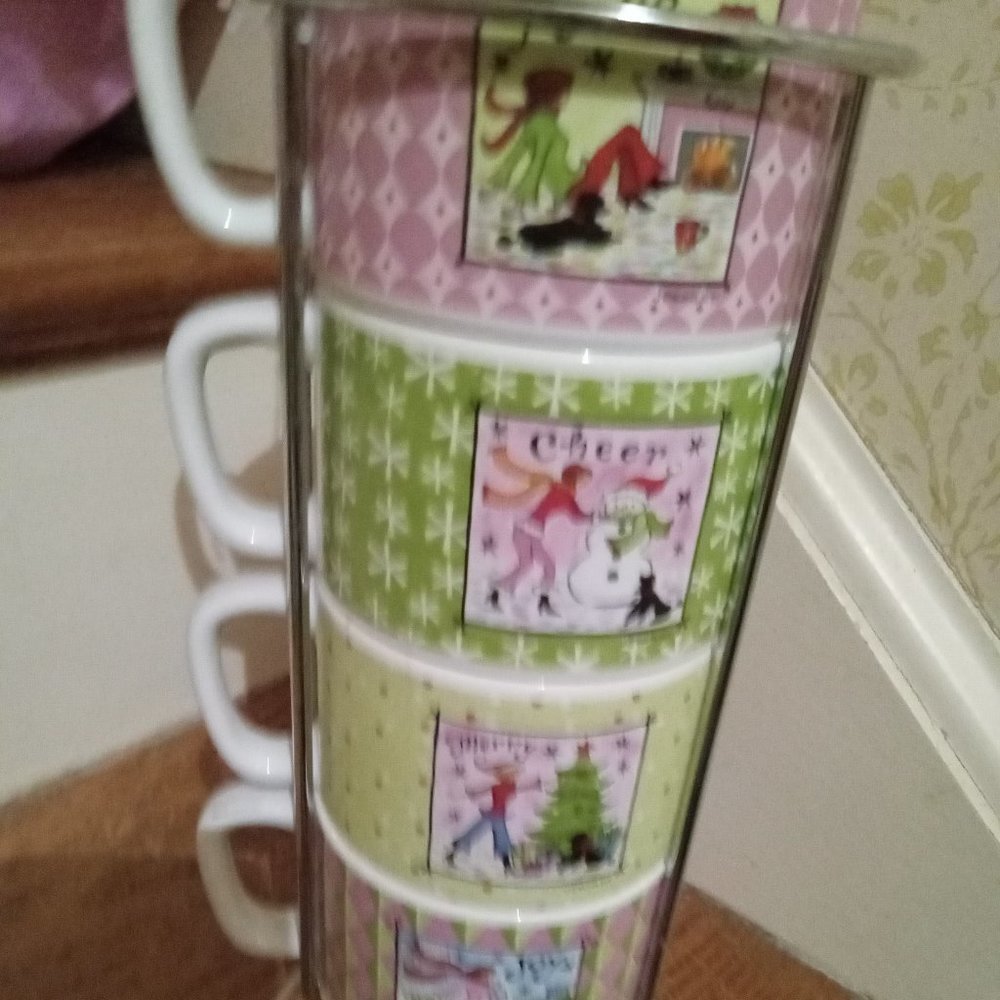 Cypress Set of 4 Coffee or Espresso Ceramic mugs with silver metal rack New